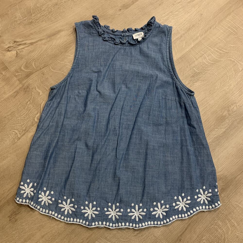 J. Crew Factory Chambray Sleeveless Blouse Women's Small Embroidered Detail Hem